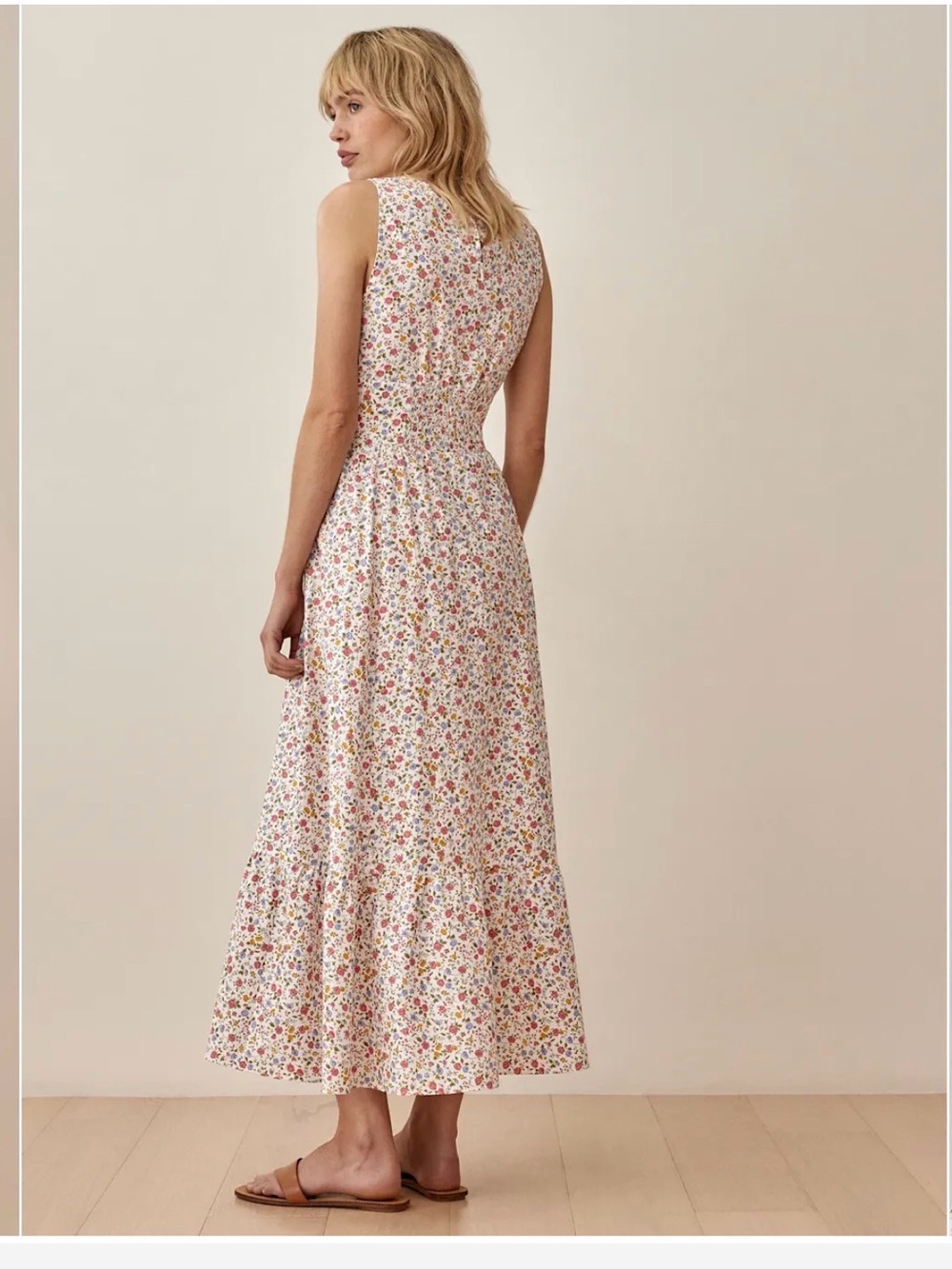 Reformation White Floral Midi Dress with Pink, Yellow and Green Print - Picture 3 of 5